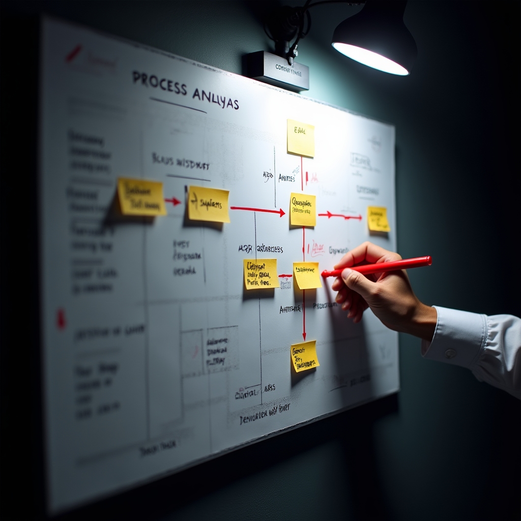 Analisi visiva dei colli di bottiglia su lavagna con post-it colorati