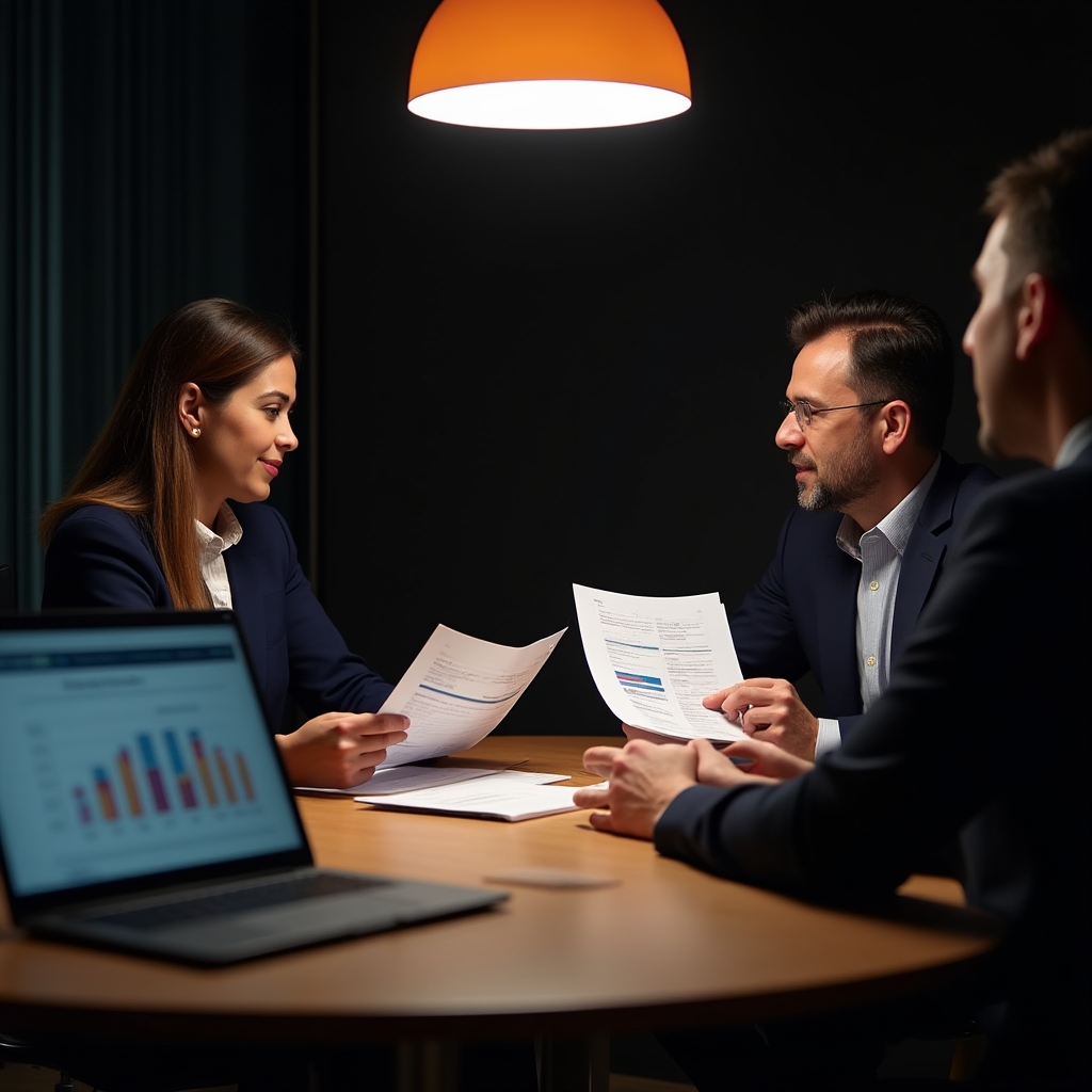 Riunione di valutazione follow-up con dati e grafici di produttività