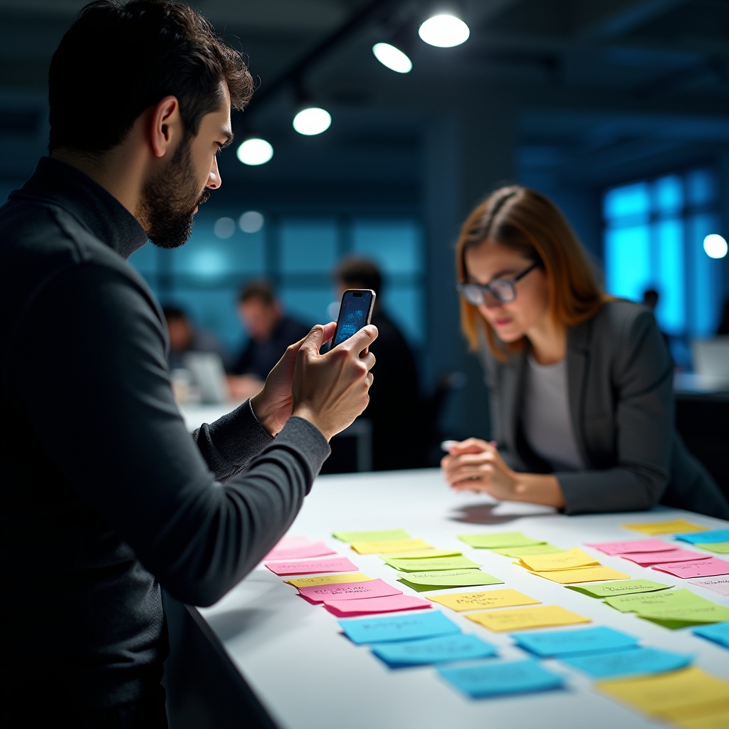 Sessione di documentazione dei processi aziendali con post-it e lavagna