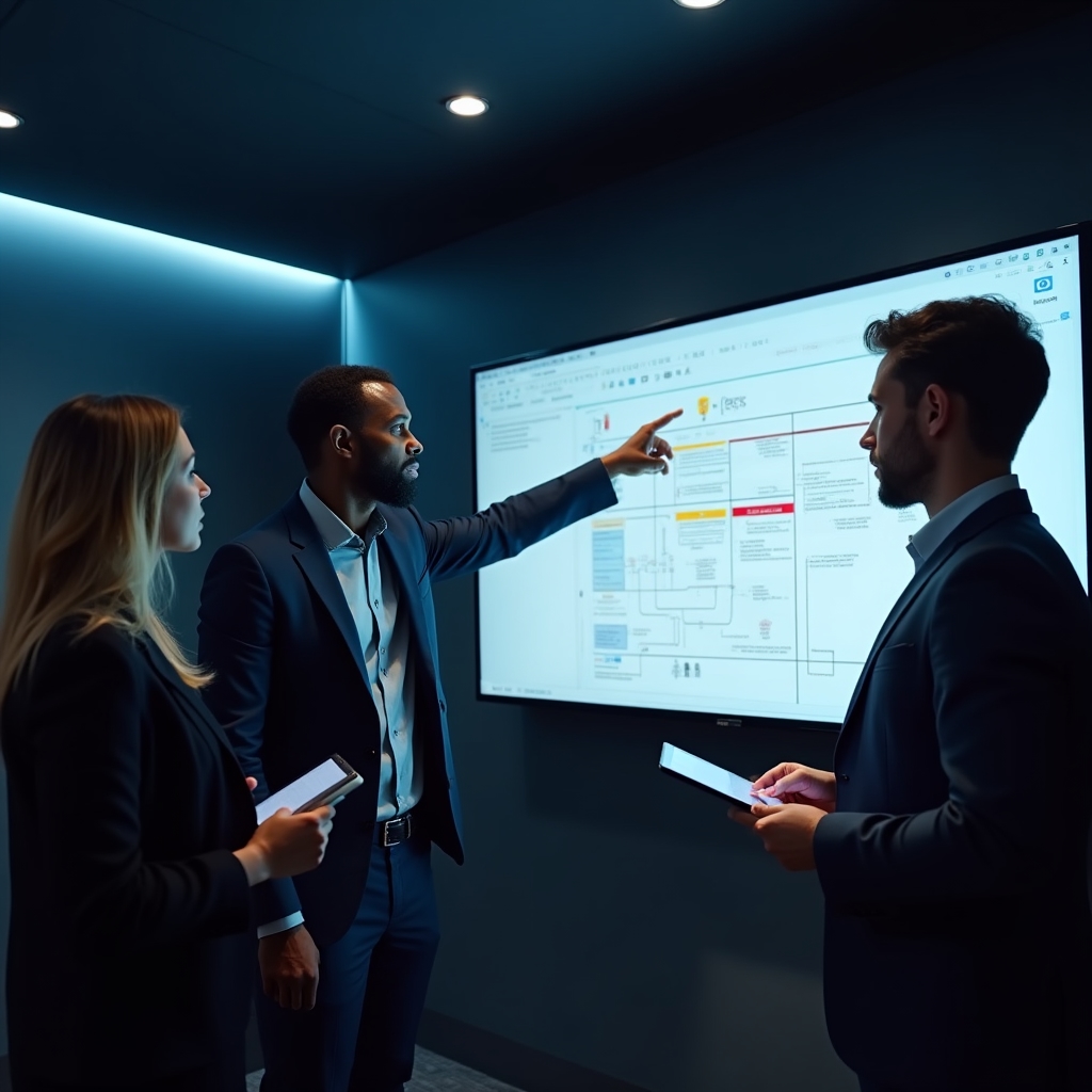 Team aziendale che rivede i flussi di lavoro su schermo grande